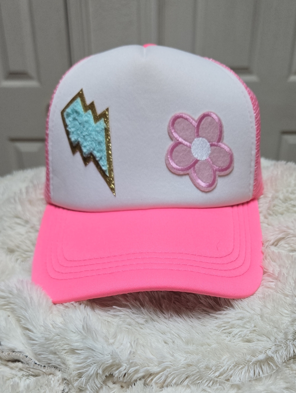 Pink Trucker Hat with Flower & Lightning Patch